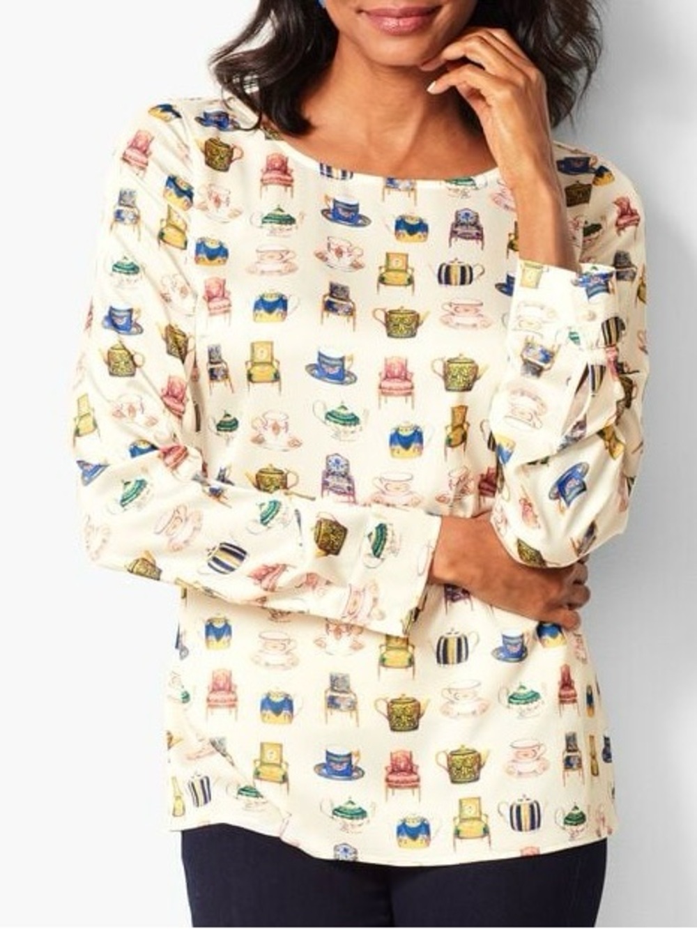 Talbots Women’s Large Cream Teapot Tea Cup Chair Print Long Sleeve Blouse
